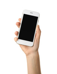 Female hand with mobile phone on white background