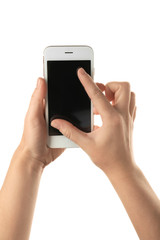 Female hands with mobile phone on white background