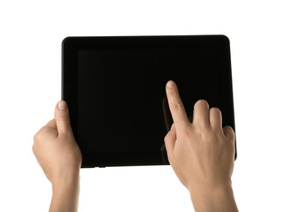 Female hands with tablet computer on white background