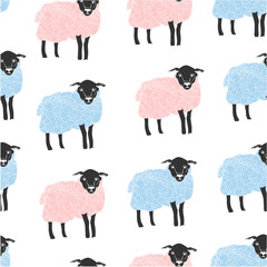Hand drawn pink and blue sheep. Graphic vector seamless pattern
