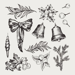 Set of isolated hand drawn monochrome christmas elements with bow, ribbons, conifers, spruce, bell, mistletoe, Christmas toys, berries, eucalyptus, winter ball vector illustration - 236077284