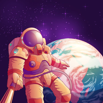 Selfie in outer space cartoon vector illustration with astronaut in futuristic spacesuit making portrait photo with selfie stick on background of planet Earth. Space tourist or exoplanet explorer fun
