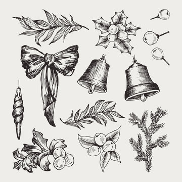 Set Of Isolated Hand Drawn Monochrome Christmas Elements With Bow, Ribbons, Conifers, Spruce, Bell, Mistletoe, Christmas Toys, Berries, Eucalyptus, Winter Ball Vector Illustration