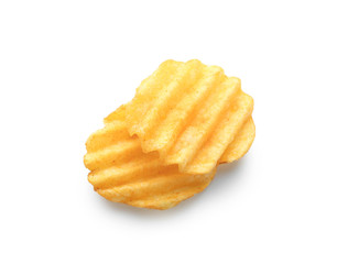 Tasty potato chips on white background