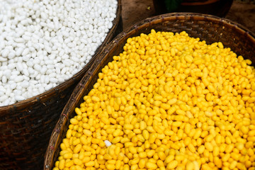 Silk worm nests in the basket.