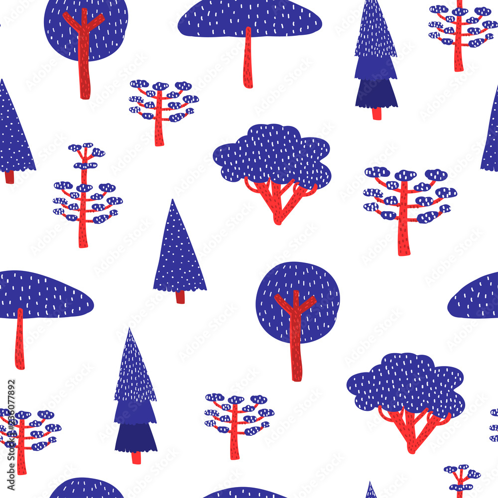 Poster abstract blue and red trees. vector seamless pattern