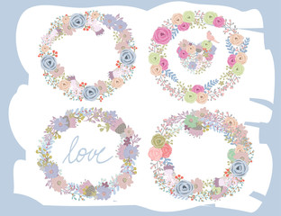 Beautiful floral wreaths. Colored vector set. All elements are isolated