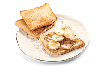 Plate with sweet toasts on white background