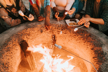 Friends roasting marshmallows for s'mores - obrazy, fototapety, plakaty