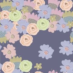 Hand drawn flower burgeons. Colored vector seamless pattern. Navy background