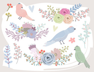 Beautiful bouquet of flowers and cute birds. Colored vector set. All elements are isolated