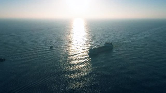 Cargo Ship Coming into Port, Aerial View