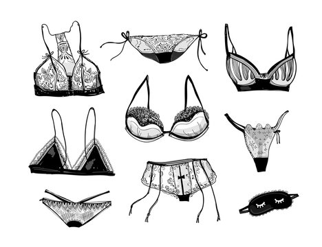 Hand drawn lace underwear. Graphic vector set. All elements are isolated