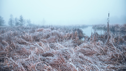 Fog and frost on the autumn river.