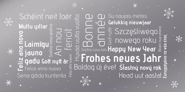 Happy new Year in different languages - silver snowflakes