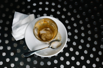Empty glass of coffee with a saucer and spoon