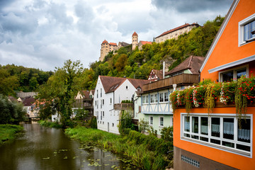 View on the Harburg Castle from the bridge over the river of Wornitz in the city of Harburg in...