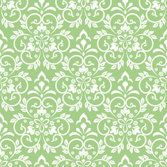 Fototapeta na wymiar Wallpaper in the style of Baroque. Seamless vector background. White and green floral ornament. Graphic pattern for fabric, wallpaper, packaging. Ornate Damask flower ornament