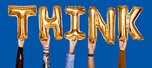 Hands showing think balloons word