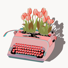 Pink typewriter with tulips. Vector illustration on light yellow background