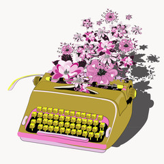 Golden typewriter with pink and purple flowers. Vector illustration on white background