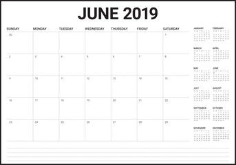 June 2019 desk calendar vector illustration