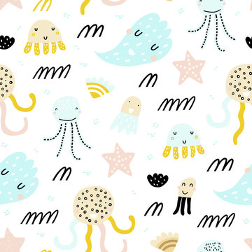 Cute seamless childish pattern with jellyfish, octopust and waves. Creative under sea kids texture for fabric, wrapping, textile, wallpaper, apparel. Vector pattern. Summer marina background. © bukhavets