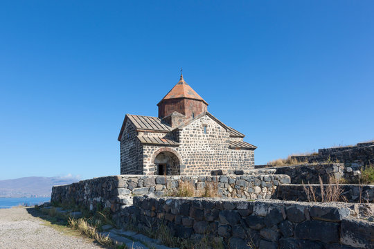 Scenic view of an old Sevanavank church in Sevan, on sunny day . Armenia