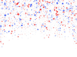 Flying red blue white star sparkles on white vector american patriotic background.