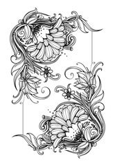 Vector black and white flowers frame of aster flowers, daisy, chrysanthemum, dahlia, lotus and other plants silhouette isolated on white background. Vintage floral frame design. EPS 10