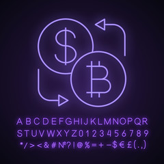 Bitcoin and dollar currency exchange neon light icon