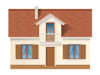 Residential house facade with a tiled roof and shutter on the window. Small private home. Suburban building front.