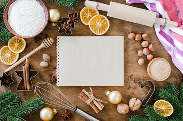 Fototapeta na wymiar Notebook for writing recipe or menu. Culinary background.