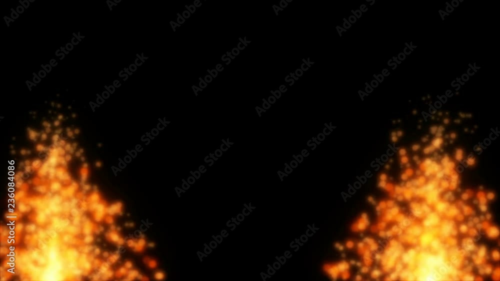 Poster two fires at the corners of the screen.atmospheric particle billow dust elements.