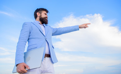 Changing course. Looking for opportunities and new chances. Developing business direction. Man formal suit manager looking direction. New business direction. Businessman bearded face sky background