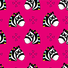 Cute kids zebra pattern for girls and boys. Colorful zebra, stars on the abstract background create a fun cartoon drawing. The pattern is made in neon colors. Urban zebra pattern for textile, fabric