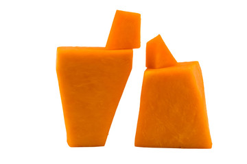 Pieces of orange on a white background. Imitation of human images. The concept of mutual love.