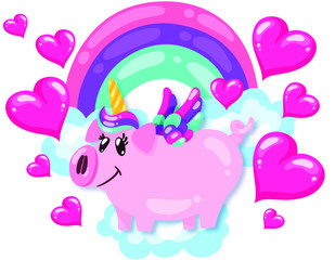 cute pig unicorn with rainbow and hearts isolated on white. Baby print. cartoon hand drawn caracter. VECTOR illustration.