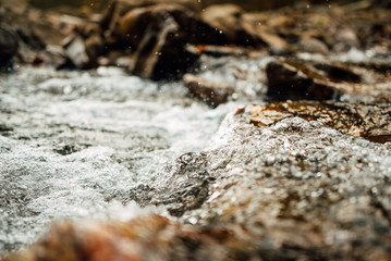 Mountain river water landscape. Wild river in the mountains. River view overlooking the wild river. Autumn in the mountains