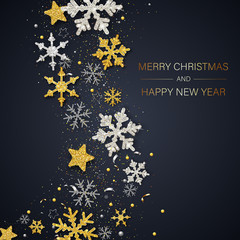 Merry Christmas and Happy New Year card with shiny snowflakes and stars.