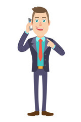 Obraz premium Businessman pointing his finger at the mobile phone that he talks