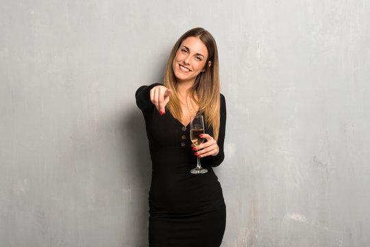 Woman With Champagne Celebrating New Year 2019 Points Finger At You