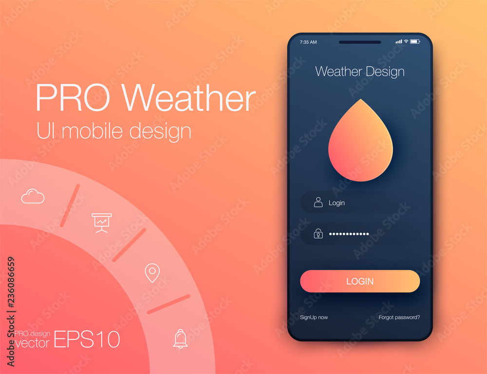 Aufkleber weather forecast app ux ui design. stock vector