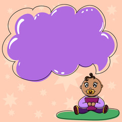 Design business concept Business ad for website promotion banners empty social media ad. Baby Sitting on Rug with Pacifier Book and Blank Color Cloud Speech Bubble