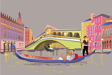 Romantic couple in the gondola travels along the Grand Canal in Italy. Colorful travel background decorated with golden patterns. Hand drawn vector background.
