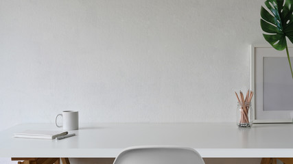 Workspace and copy space, White desk and mockup poster