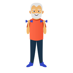 Happy old men dressed in sports clothing doing fitness exercises with dumbbells. Cute grandfather. Active elderly man. Cartoon character. Vector illustration