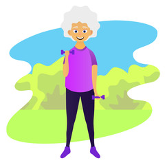 Obraz na płótnie Canvas Old woman doing fitness exercises with dumbbells. Elderly people active lifestyle. Vector illustration
