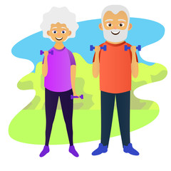 Old man and woman doing fitness exercises with dumbbells together. Elderly people active lifestyle. Vector illustration