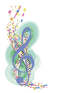 Abstract musical design with a treble clef and musical waves. Hand drawn vector illustration.